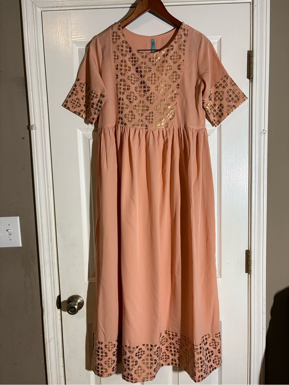 Women's Peach Formal Dress with Gold Foil Accents